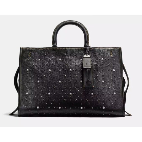 Coach Rogue 39 Prairie Rivets Pearl Pewter Black Leather Tote Briefcase -Nwt - Picture 1 of 13